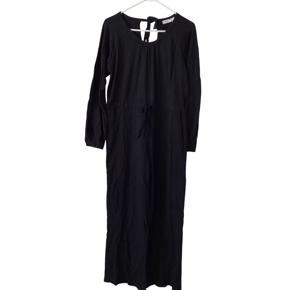 WILT Black Cotton Drawstring Waist Wide Leg Jumpsuit XS Made in USA, Long Sleeve